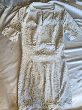 LUXURY 120% LINO Italian Linen Jacquard Dress - Gold & Cream
